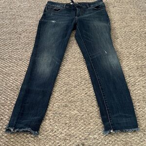 DL1961 Dark Indigo Straight Leg Jeans with Frayed Hem